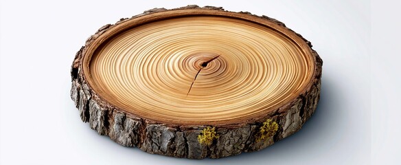 Obraz premium Weathered tree stump slice displayed from above on a white background highlighting growth rings and natural textures.