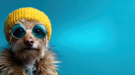 Fototapeta premium A fashionable dog confidently wearing oversized sunglasses and a bright yellow beanie, set against a vibrant blue backdrop, exuding charm and personality.