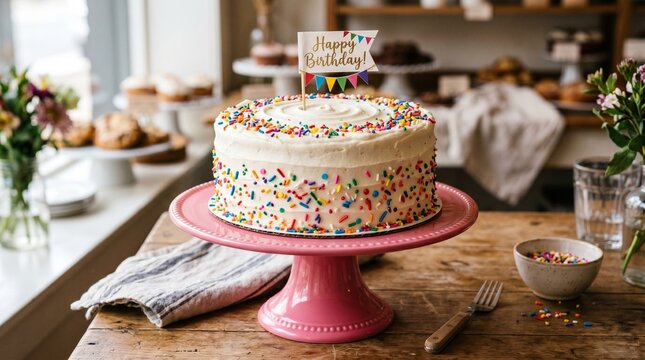 A birthday cake with colorful sprinkles and a happy birthday sign on a pink cake stand on a wooden table in a bakery with various pastries and flowers