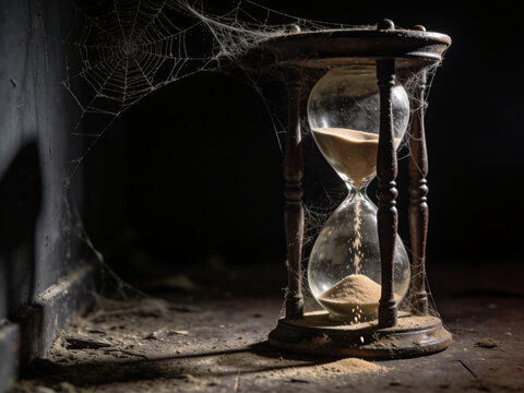 Old dusty hourglass with sand falling through cracked glass and spiderwebs clinging to wooden frame, moody abandoned atmosphere and vintage decay