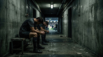 Fototapeta premium Two Dejected Soccer Players Resting in Dark Stadium Tunnel