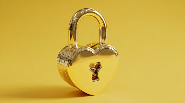 3D golden pad lock with heart shaped keyhole on solid yellow background, love security, relationship trust, premium valentines day and cybersecurity protection concept, realistic render.