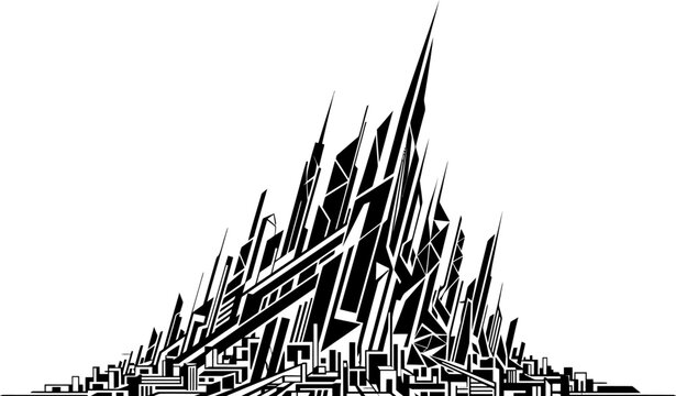 Futuristic low poly city skyline with geometric spires and abstract urban architecture in black and white vector style