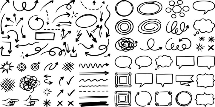 Hand Drawn Communication and Annotation Elements : Editable Doodle Arrows Speech Bubbles Frames and Highlight Symbols Set