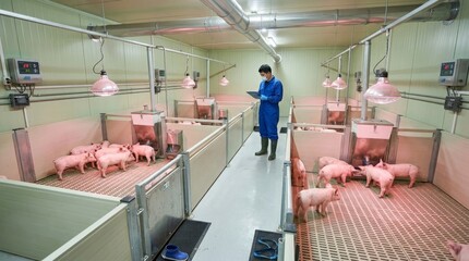 Farmer Inspects Piglets in Modern Indoor Livestock Farming Facility