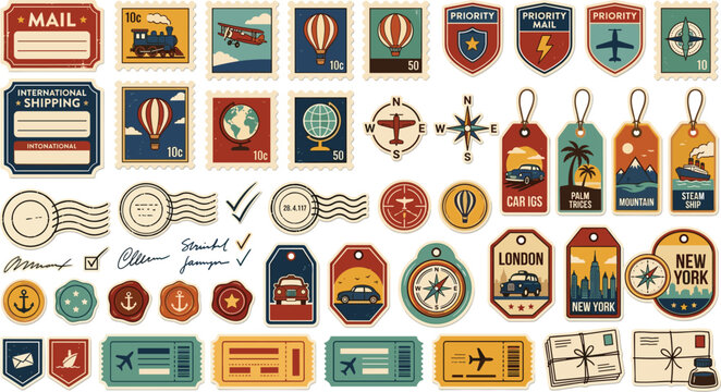 Vintage travel postage stamps luggage tags tickets and postmarks set retro postal stickers collection isolated on white background vector