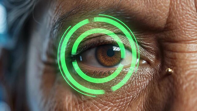 Close up of human eye with digital futuristic technology interface and biometric scanning concept