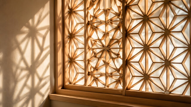 Traditional kumiko lattice with soft morning light and elegant texture