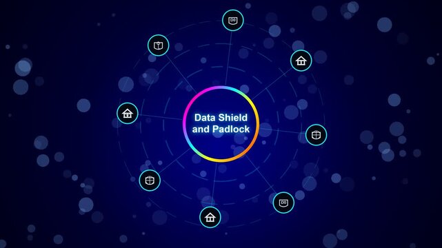 Data shield and padlock digital security concept with circular network icons on dark blue background