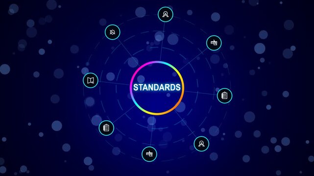 Standards concept infographic with circular icons and glowing digital network connection lines