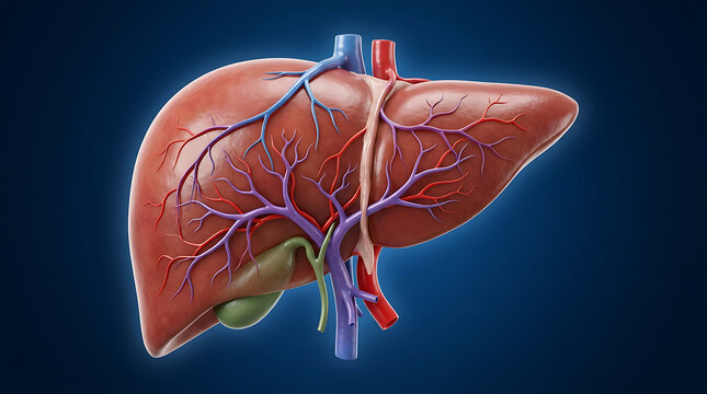 3d medical illustration of the human liver with gallbladder, hepatic portal vein, hepatic artery, and hepatic veins on a dark blue background