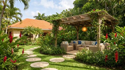 Fototapeta premium Beautiful outdoor living space with a wooden pergola, comfortable wicker furniture, and lush tropical garden landscaping