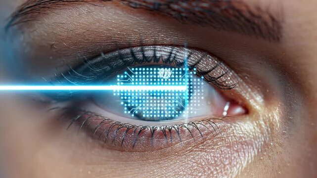Close up of human eye with digital technology interface and futuristic cybernetic connection concept