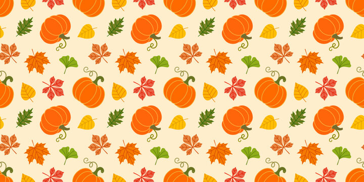Colorful autumn pumpkins and leaves pattern design with seasonal fall elements for festive decorations