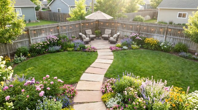 Beautiful backyard garden with stone pathway, lush green lawn, colorful flower beds, and a cozy patio seating area