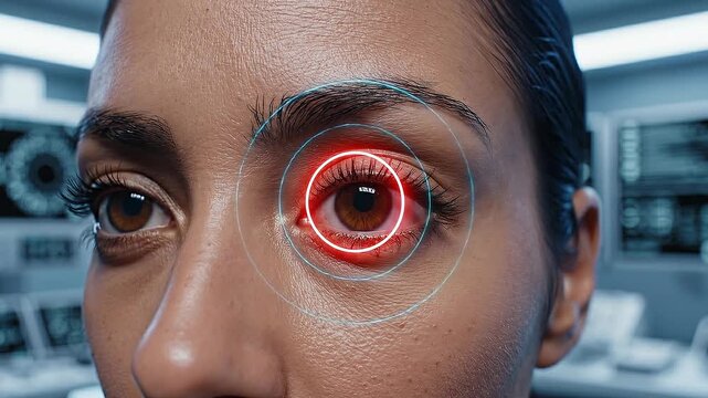 Close up of futuristic eye scanning technology with digital interface and glowing circles on human face