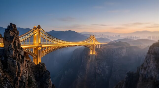 Illuminated suspension bridge connecting mountain cliffs during sunset