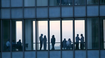 Obraz premium A tranquil view of people engaged in discussion within a modern organized glass skyscraper setting