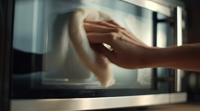 Close up of hand cleaning a microwave glass door with a white cloth