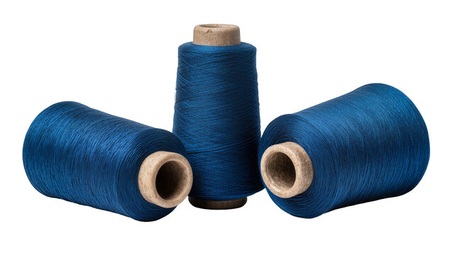 Isolated three dark blue thread spools for sewing, crafts, and textile work