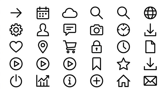 Web, interface, and mobile icons set, 25 black line style symbols, for design and development, user interface elements
