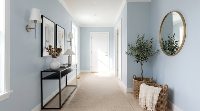 Modern hallway interior with light blue walls, console table, and decorative mirror