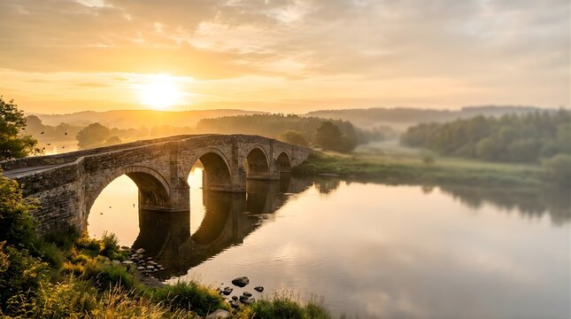 Old stone arch bridge over river in peaceful countryside at sunrise