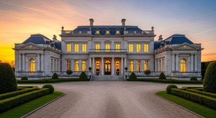 Naklejka premium Stunning neoclassical mansion at sunset with manicured gardens and gravel driveway