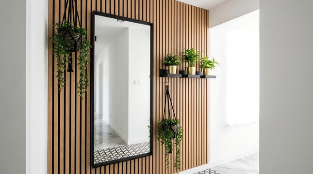 Modern hallway interior with wooden slat wall, large black framed mirror, hanging plants and small potted plants on shelf