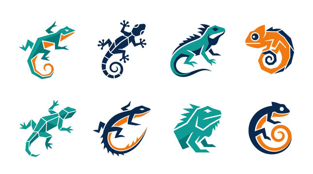 Colorful lizard icons in various poses.
