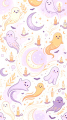 Fototapeta premium Whimsical Pastel Halloween Pattern Featuring Cute Floating Ghosts and Glowing Candles with Crescent Moon Elements
