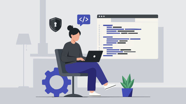 Illustration of female programmer coding on laptop with cybersecurity concept