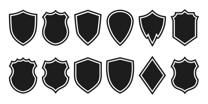 Set of various sports team logo shield shapes and crest emblem outlines isolated on white background