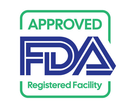 FDA Approved Registered Facility Badge Vector Illustration in Green and Blue with Certification Label, Regulatory Compliance Mark and Quality Assurance Seal