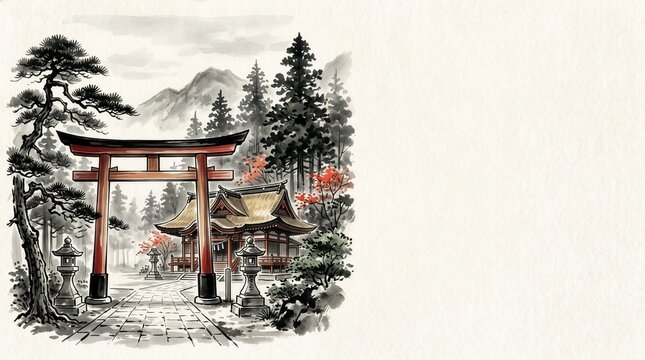 Watercolor illustration of a Japanese shrine with a red torii gate and stone lanterns