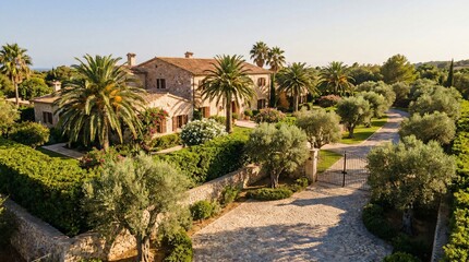 Fototapeta premium Aerial view of a luxury stone villa surrounded by palm trees and olive groves
