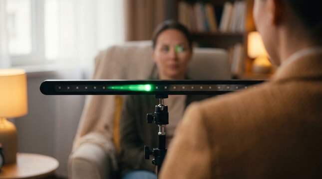 Therapist conducting EMDR therapy session using a light bar device for patient trauma treatment