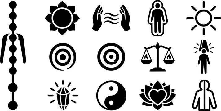 Energy Healing and Chakra Symbol Silhouette Icon Set