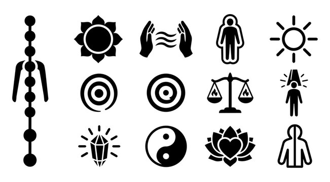 Energy Healing and Chakra Symbol Silhouette Icon Set