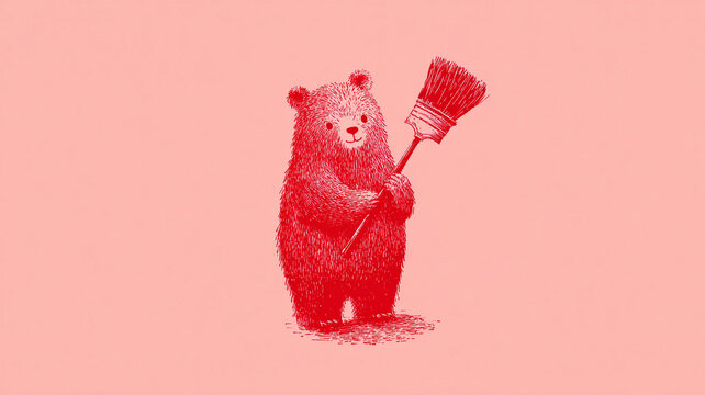 Bear holding a broom, playful monochrome illustration in Falun red on pink background