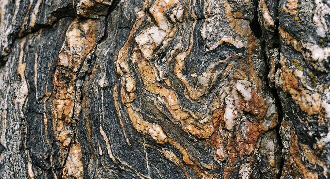 Abstract pattern of textured metamorphic rock with wavy colored lines