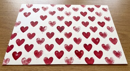 Obraz premium Pattern of red painted hearts on a white textured paper background
