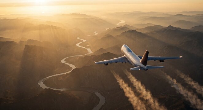 Airplane flying over a winding river valley during sunset
