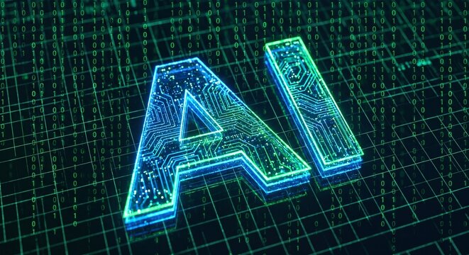 Glowing green 3D AI text on a digital binary code background