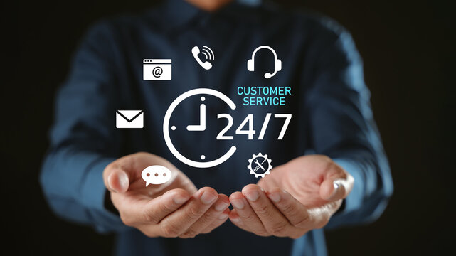 Call support worldwide is available for contact service 24 7 customer assistance and delivery, person holds hands open showing virtual communication icons for nonstop help on dark background