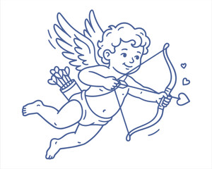 Fototapeta premium Cute cartoon cherub cupid flying and aiming with a bow and arrow, perfect for Valentine's Day greeting card design.