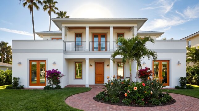 Beautiful tropical luxury villa with white stucco exterior, wooden doors, and lush landscaping in a sunny garden
