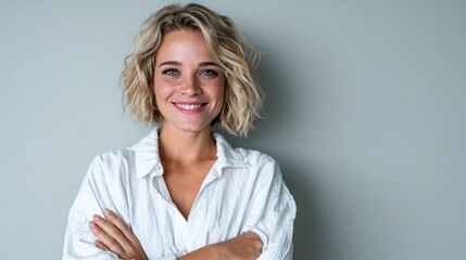 Fototapeta premium A confident young woman in a casual white shirt smiles warmly, showcasing her natural beauty and positive demeanor against a simple, elegant background.