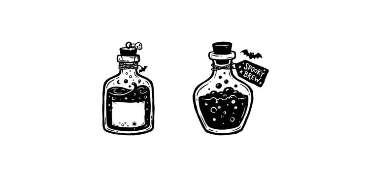 Two glass potion bottles with mysterious liquid and labels for magic wizard and alchemy concepts.