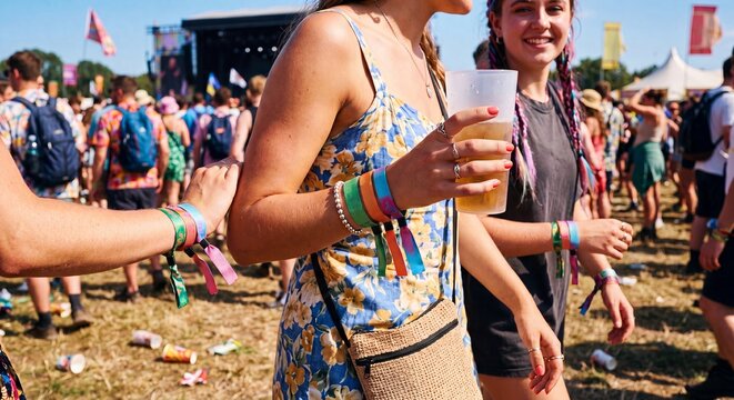 Young people enjoying an outdoor music festival with drinks and fun